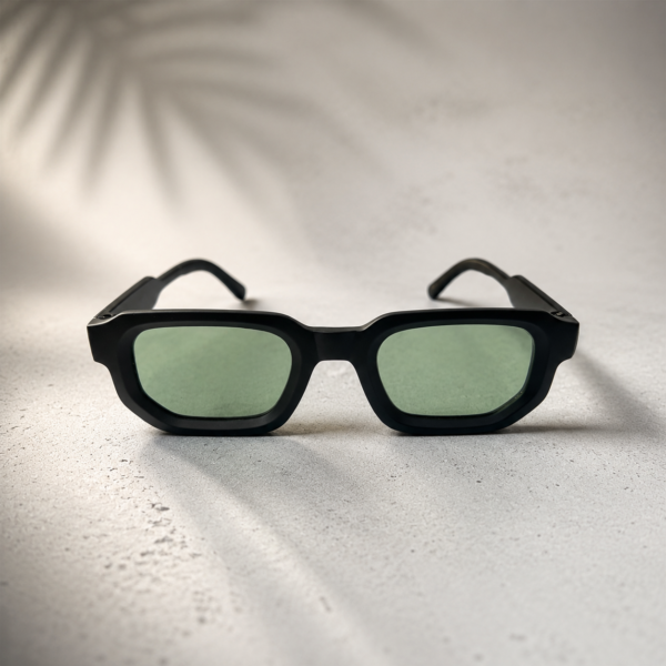 Retro Chunky Rectangle Sunglasses – Matte Black Frame with Light Green Lenses