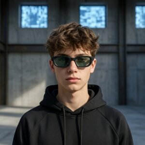 Retro Chunky Rectangle Sunglasses – Matte Black Frame with Light Green Lenses