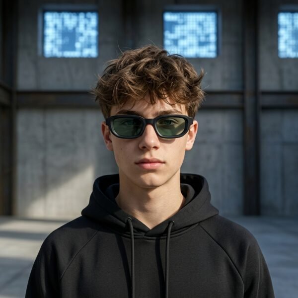 Retro Chunky Rectangle Sunglasses – Matte Black Frame with Light Green Lenses