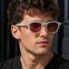 Retro Square Sunglasses – Frosted Matte White Frame with Brown Gradient Lenses