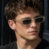 Screenshot Retro Slim Rectangular Sunglasses – Transparent Clear Frame with Olive Green Lenses