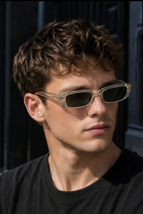 Screenshot Retro Slim Rectangular Sunglasses – Transparent Clear Frame with Olive Green Lenses