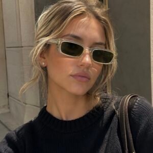 Retro Slim Rectangular Sunglasses – Transparent Clear Frame with Olive Green Lenses