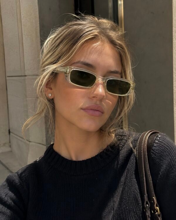 Screenshot Retro Slim Rectangular Sunglasses – Transparent Clear Frame with Olive Green Lenses