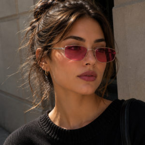 Y2K Vintage Narrow Oval Sunglasses – Silver Wire Frame with Pink Tinted Lenses