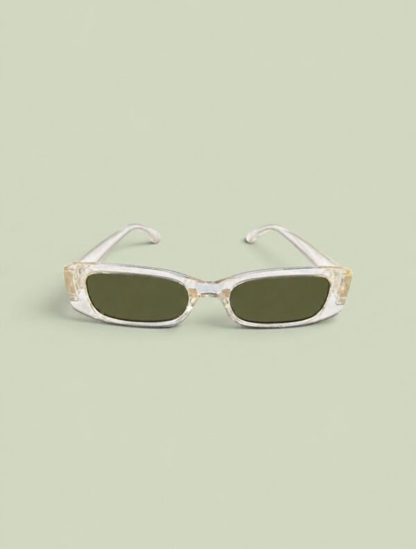 Screenshot Retro Slim Rectangular Sunglasses – Transparent Clear Frame with Olive Green Lenses
